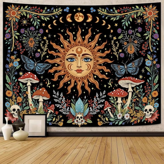 Celestial Sun Mushroom Skull Wall Tapestry, Moon Phase Botanical Wall Hanging, Boho Forest Decor for Bedroom or Living Room, 60"x44"