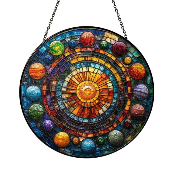 Celestial Sun Planet Stained Glass Window Decor, Space Inspired Hanging Art Panel, Cosmic Theme Ornament Gift