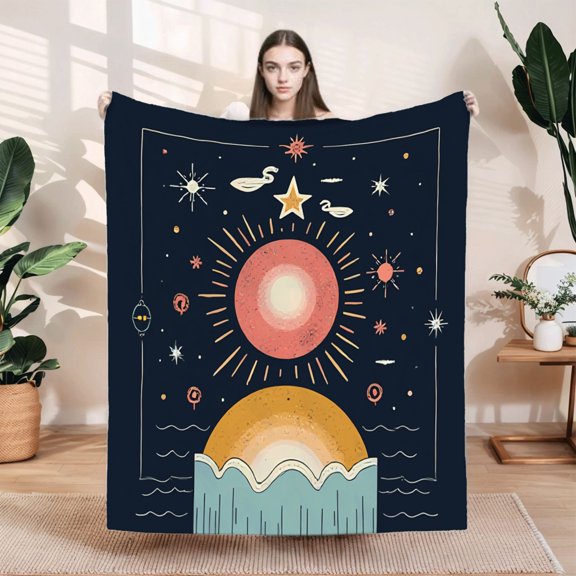 Celestial Sun & Stars Flannel Blanket - Soft Warm Cozy Design for Sofa Travel Bed & Chair - Serene Night Sky Pattern