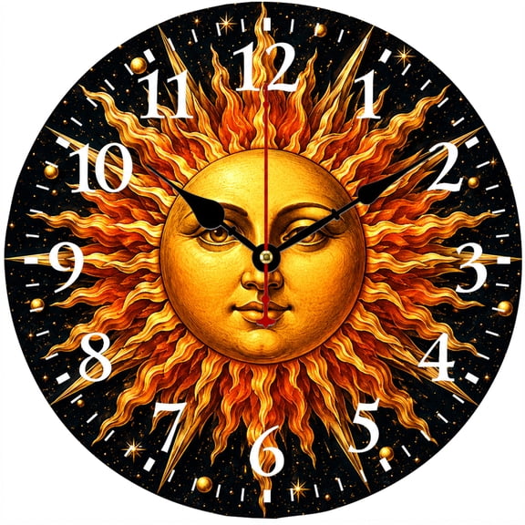 Celestial Sun Wall Clock 9.84 Inch, Vintage Boho Sun Face Decorative Round Analog Clock, Battery Operated with Easy to Read Numbers for Living Room Bedroom Kitchen Office