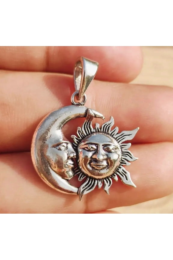 Celestial Sun and Crescent Moon Face Pendant 925 Sterling Silver handcrafted Unisex Jewelry