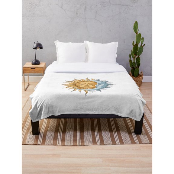 Celestial Sun and Crescent Moon Gold and Light Blue Polyester Fleece Blanket, 280 GSM, Mystical Bedroom Accent