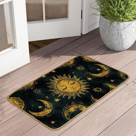 Celestial Sun and Moon Doormat Boho Golden Stars Low Profile All-Season Indoor Outdoor Front Door Mat Easy Clean 17 x 29 Inch