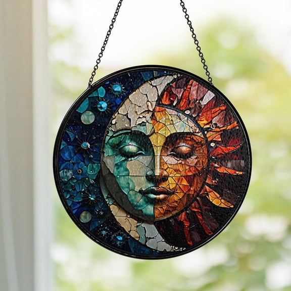 Celestial Sun and Moon Faces Stained Glass Suncatcher, Astrology Window Hanging, Night Time Urban Art, Christmas Gift for Friends