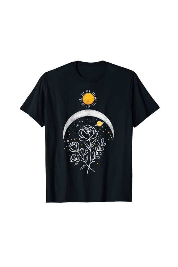 Celestial Sun and Moon Flowers T-Shirt for Men Women Cotton 100% Summer Casual Floral Short Sleeves