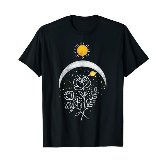 Celestial Sun and Moon Flowers T-Shirt for Men Women Cotton 100% Summer Casual Floral Short Sleeves