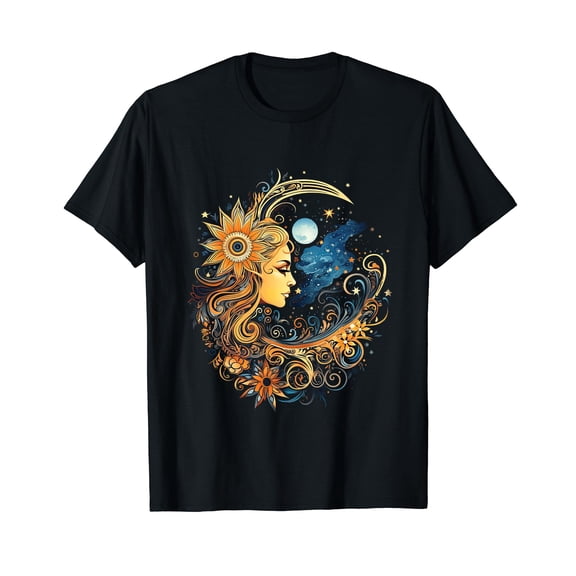 Celestial Sun and Moon Flowers T-Shirt for Men Women Cotton 100% Summer Casual Floral Short Sleeves