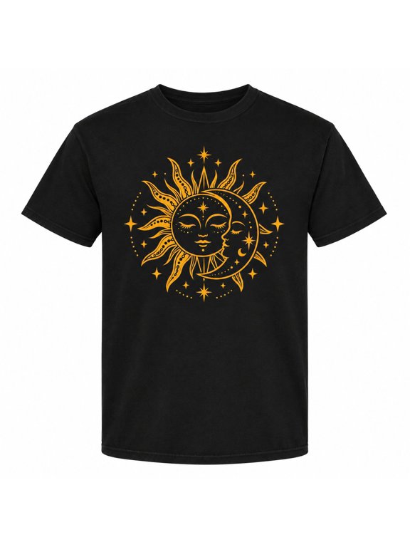 Celestial Sun and Moon Graphic T-Shirt, Boho Line Art, Unisex Garment-Dyed Cotton Tee, Sizes S-3XL