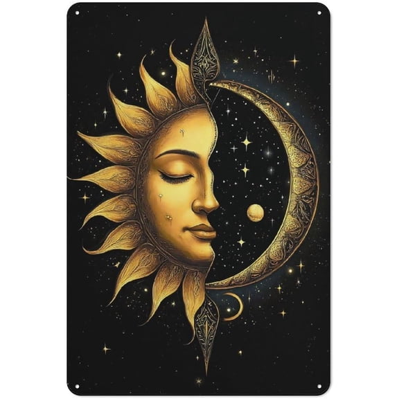 Celestial Sun and Moon Metal Tin Sign Wall Decor 8x12 Inch