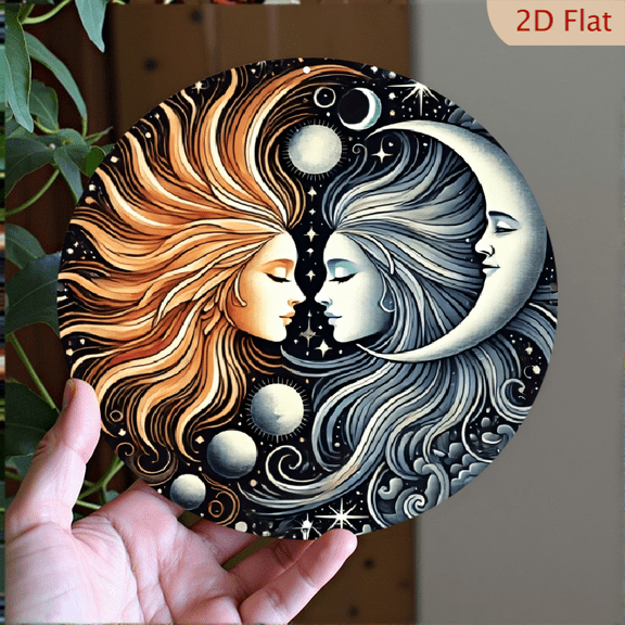Celestial Sun and Moon Metal Wall Art, Round Aluminum Decorative Plaque, Ethereal Fantasy Design, Boho Home Decor for Living Room Bedroom, 8 x 8 Inch