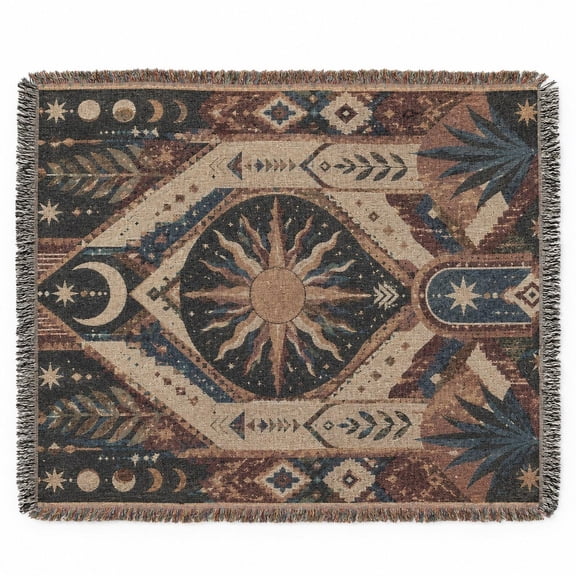 Celestial Sun and Moon Rust Navy Woven Blanket, 100% Cotton, Bohemian Style for Home Decor