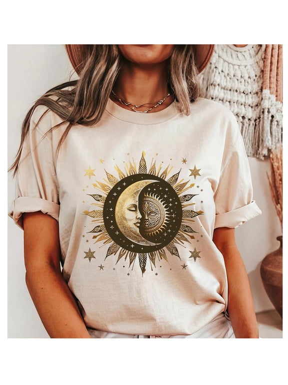 Celestial Sun and Moon Shirt, Astrology Tee, Mystical Top, Moon Goddess Gift, Boho Vintage, Cottagecore, Spiritual T-Shirt for Women