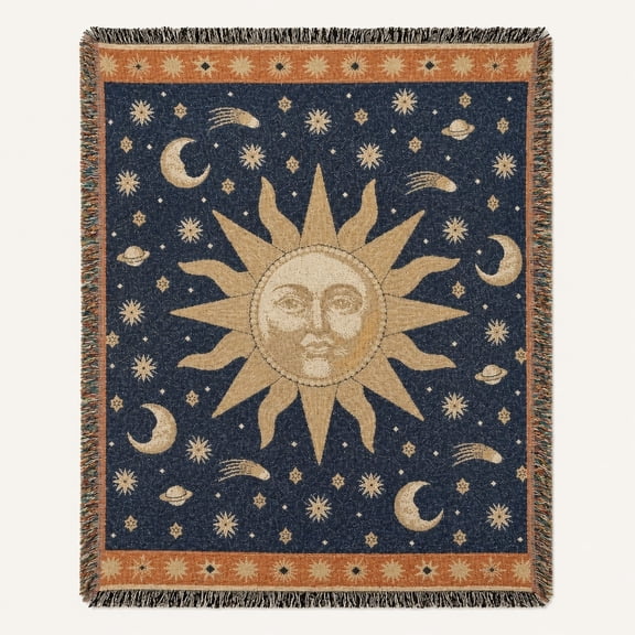Celestial Sun and Moon Woven Cotton Throw Blanket with Fringe