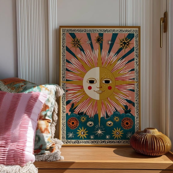 Celestial Sun and Stars Mystical Folk Tarot Home Decor, Unframed Paper Poster 11x14in