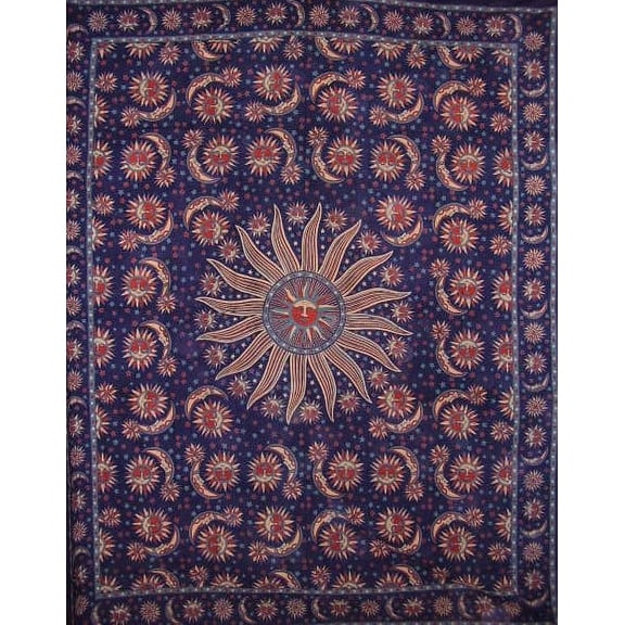Celestial Tapestry Cotton Bedspread 108" x 88" Full-Queen Blue