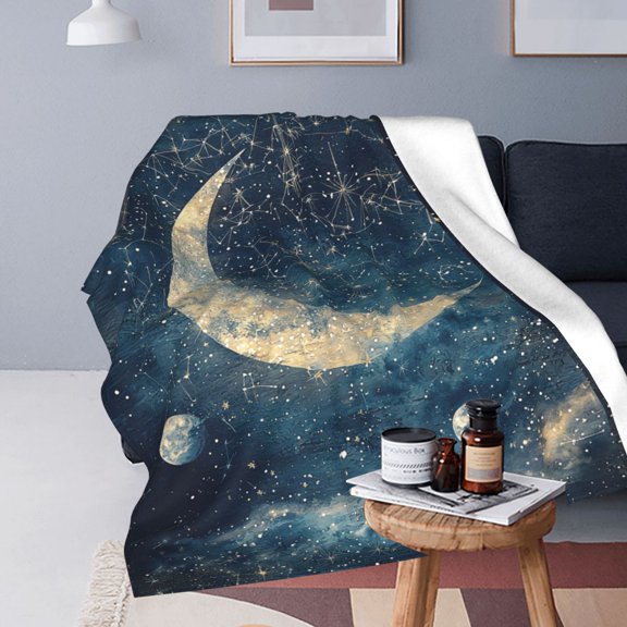 Celestial Throw Blanket Sun Moon Stars Mystic Astrology Gold Navy Boho Home Decor Room Accent50x40