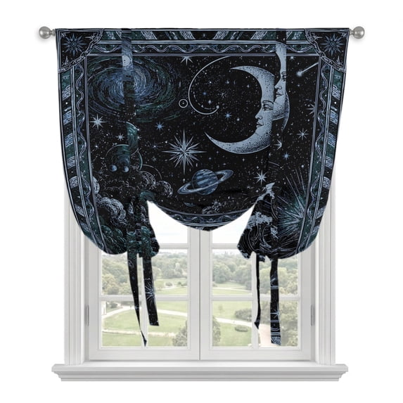 Celestial Tie Up Curtains 45 Inches Long, Kitchen Window Curtains Over Sink, Midnight Cosmic Beach Fantasy Moon Abstract Small Window Curtains Shade Balloon Curtains Valances for Bedroom/Cafe 34"x45"