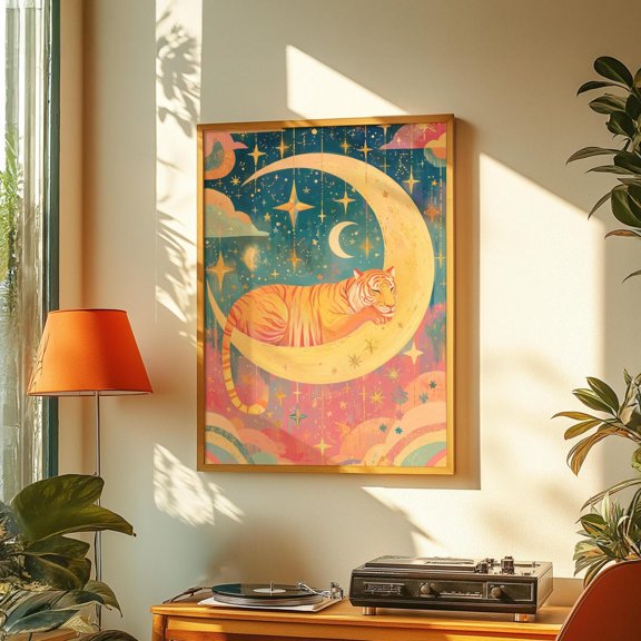 Celestial Tiger Print, Moon And Stars Colorful Cute Tiger Poster, Aesthetic Boho Room Decor, Aesthetic Art, Maximalist Animal Wall Art, Modern Wall Decor, 8x12 UNFRAMED