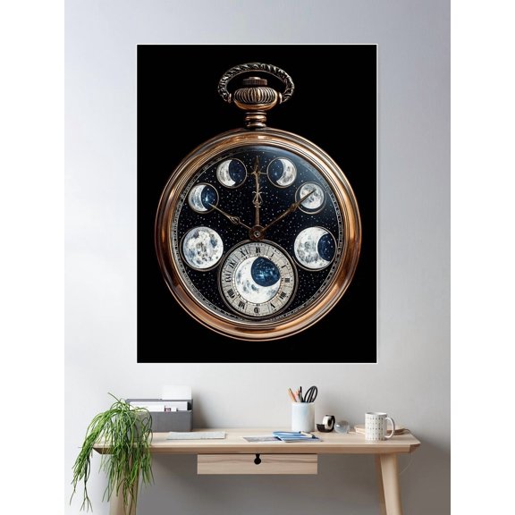 Celestial Timekeeper: Moon Phases Pocket Watch Poster Wall Art, Modern Wall Decor For Living Room Bedroom, 16x24 UNFRAMED
