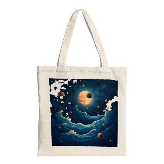 Celestial Tote Bag: Stunning Canvas Design with Glowing Moon Stars & Swirling Waves - Perfect for Travel Parties & Shopping