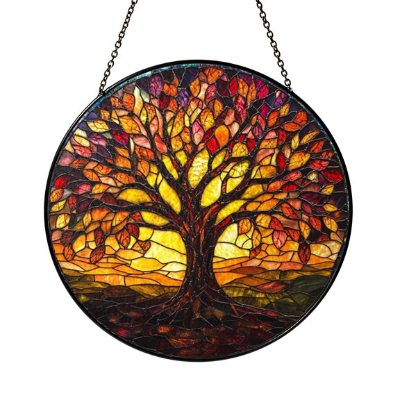 Celestial Tree Colorful Landscape Stained Glass Style Window Suncatcher Hanging, Decorative Glass Panel Art Ornament for Nature Inspired Home Decor