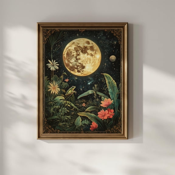 Celestial Tree Frog Wall Art Printable Digital Download Wildflower Full Moon Witchy Occult Cottagecore Gothic Art Deco Vintage Wall Decor, F124, Stretched Canvas Size 16x24
