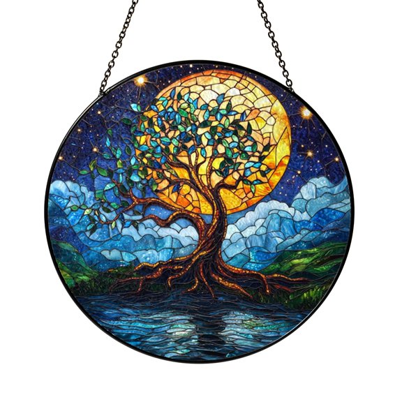 Celestial Tree Starry Sky Landscape Stained Glass Style Window Hanging Suncatcher, Fantasy Forest Decorative Glass Panel Art Ornament for Home