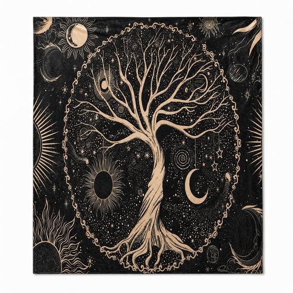 Celestial Tree of Life Fleece Throw Blanket – Soft 280GSM, 4 Sizes, Sun Moon Stars Print
