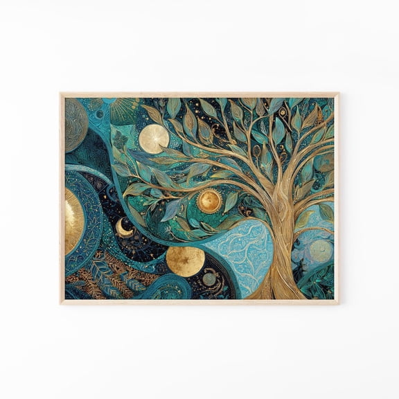 Celestial Tree of Life Sun and Moon Cosmic Boho Decor, UNFRAMED Size 16x16