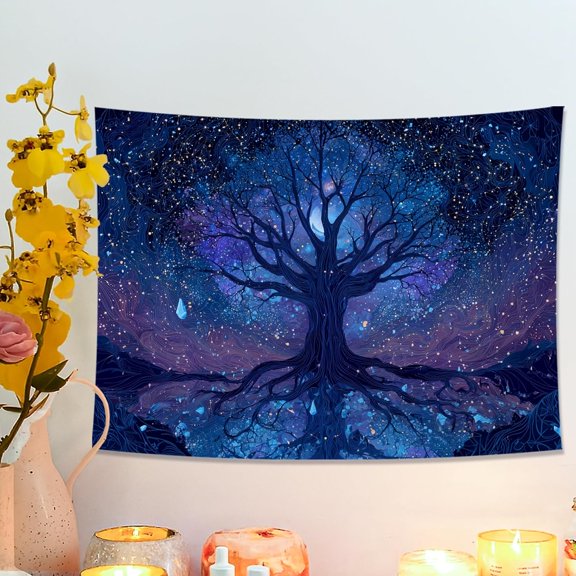 Celestial Trees of Life Tapestry, Dark Blue Wall Hanging for Bedroom, Living Room, Mystical Home Decor, Aesthetic Tapestry for Meditation 40x30 Inch