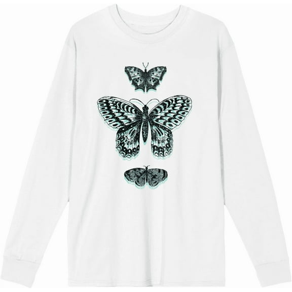 Celestial Tropics Butterflies Adult White Crew Neck Long Sleeve Tee-Small