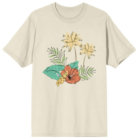 Celestial Tropics Palm Fronds and Hibiscus Flowers Men's Natural T-Shirt-Medium