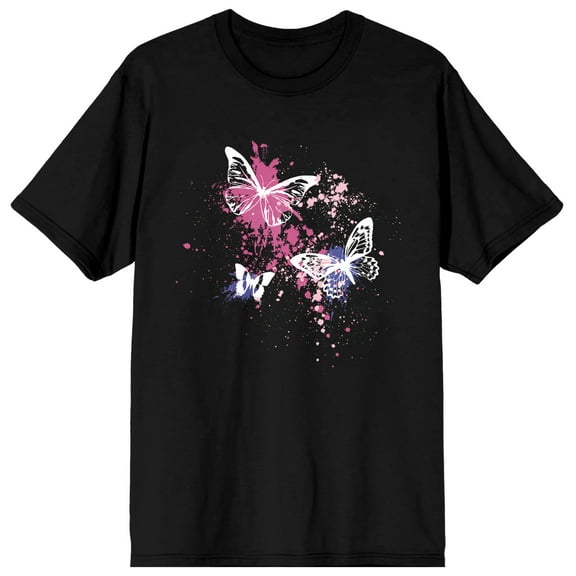 Celestial Tropics Pink Paint and Butterflies Men's Black T-Shirt-Medium