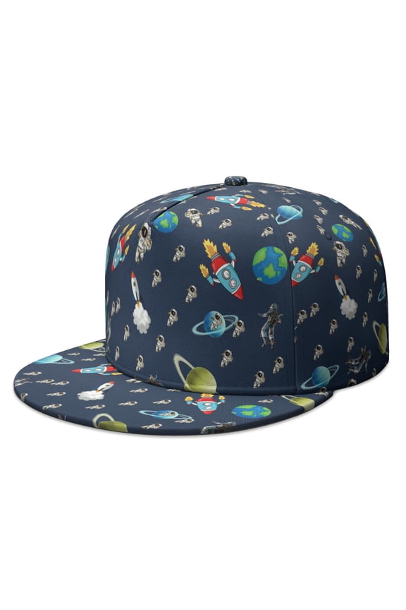 Celestial Trucker Hat – Astronaut & Planet Graphic, Adjustable Flat Bill Cap for Men Women, Trendy Galaxy Style
