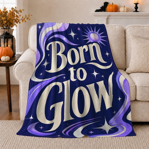 Celestial Typography Mystical Born Glow, Cozy Typography Art Scene, Warm Flannel Blanket for Living Room and Reading Nook, Art Lovers Housewarming Gift, Artistic Home Decor