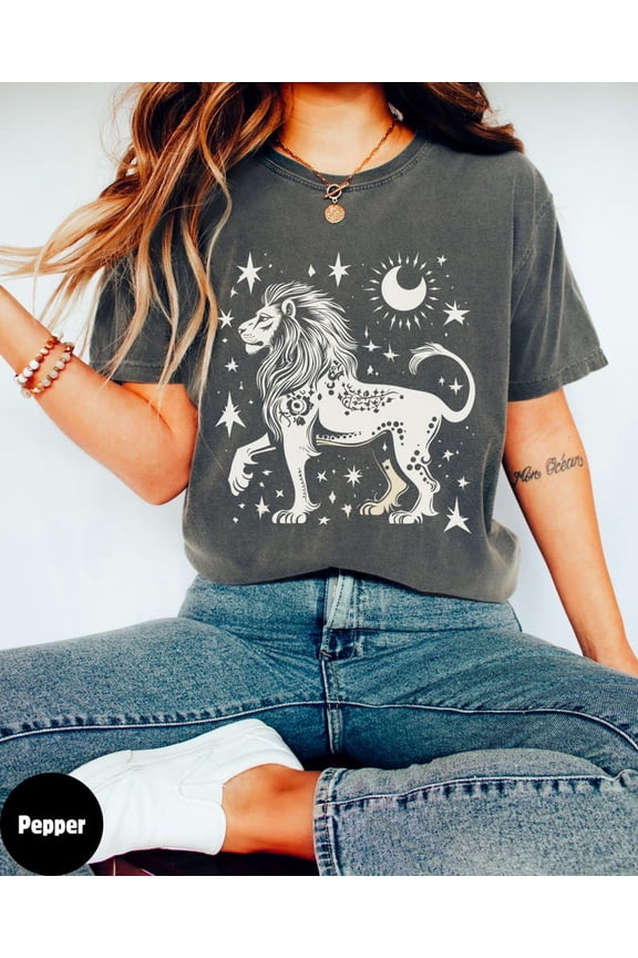 Celestial Vintage Lion shirt, Leo Zodiac Animal Tee, Boho Lion Apparel, Birthday gift Leo, Comfort Colors Unisex Cotton T-Shirt, Size S-3XL
