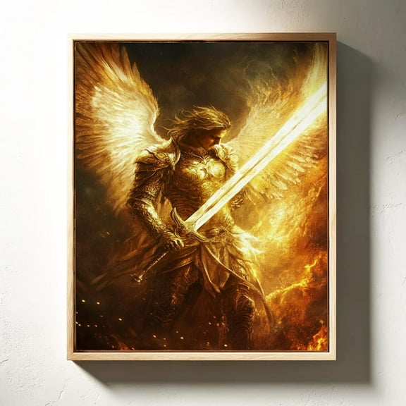 Celestial Warrior Angel Wall Art: Majestic Golden Armor And Fiery Sword, Radiant Wings In Epic Fantasy Scene For Inspirational Decor Wall Art, Modern Wall Decor, 12x18 UNFRAMED