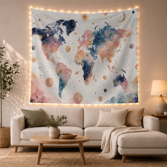 Celestial Watercolor World Map with Sun and Moon, Dreamy Boho Style for Travel Lovers, Global Wall Art, Graduation Gift, Tapestry Wall Hanging for Bedroom and Dorm