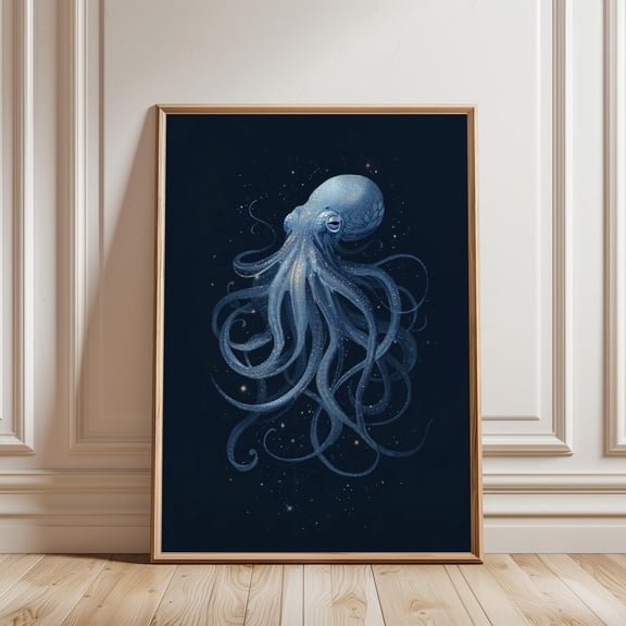 Celestial White Blue Octopus With Flowing Tentacles Dark Wall Art Print, Unframed Paper Print