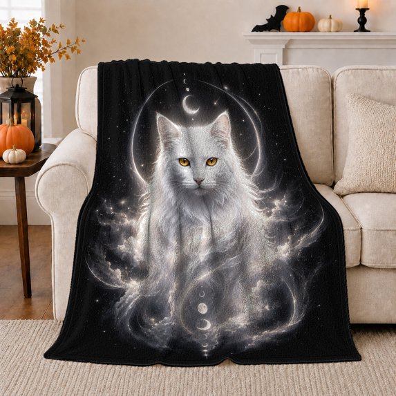 Celestial White Cat Night Sky, Peaceful Pet Portrait Pattern, Warm Flannel Blanket for Living Room and Bedroom, Cat Lovers Just Because Gift, Pet Lover Home Decor