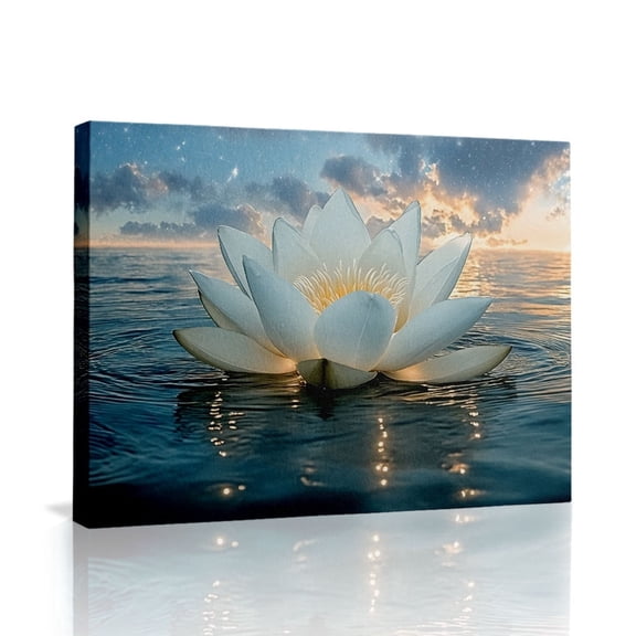 Wallume Store Glowing White Lotus Flower Ocean Night Sky Canvas Wall Art - Affordable Stylish Serene Home Decor