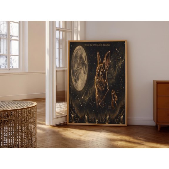 Celestial Wilderness Wall Art Stellar Map With Moon Constellation Rabbit Mystical Night Scene Unique Animal Lovers Decor