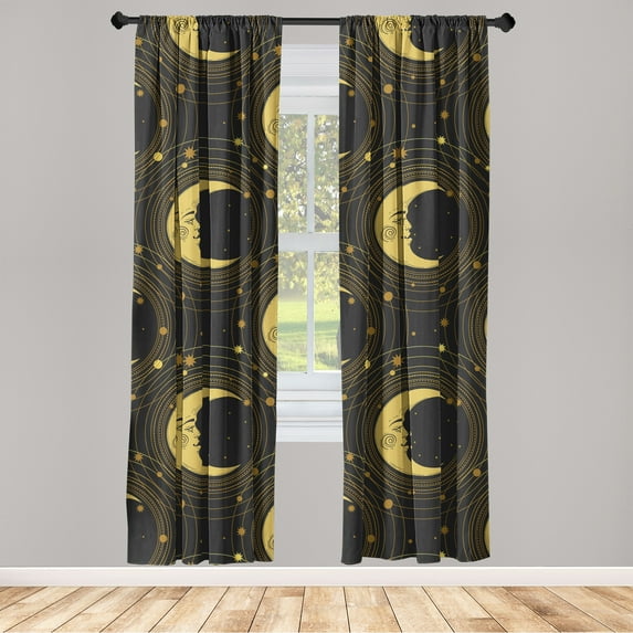 Celestial Window Curtains, Bohemian Style Moon and Stars with Orbit Circles Boho Modern Art, Lightweight Decor 2-Panel Set with Rod Pocket, Pair of - 28"x84", Pale Earth Yellow Mustard, by Ambesonne