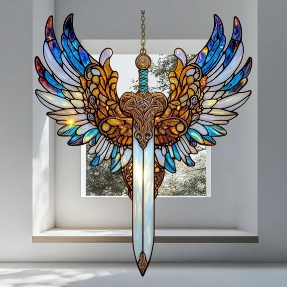 Celestial Winged Sword Acrylic Suncatcher Window Decor