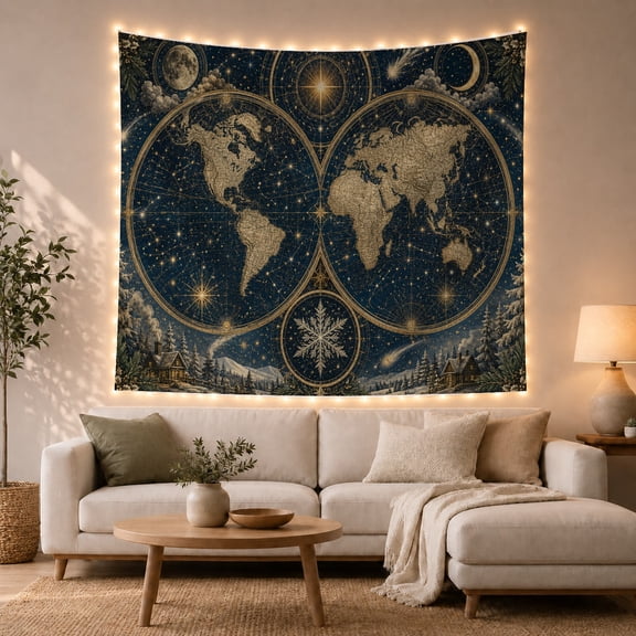 Celestial Winter Hemispheres Map Against Starry Night Sky, Nostalgic Vintage for Map Enthusiasts, Antique Globe Art Decor, Housewarming Gift, Tapestry Wall Hanging for Bedroom and Living Room