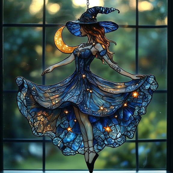 Celestial Witch Acrylic Suncatcher, Moonlit Dancer Faux Stained Glass Suncatcher Acrylic Window Hanging With Stars, Gift For Her