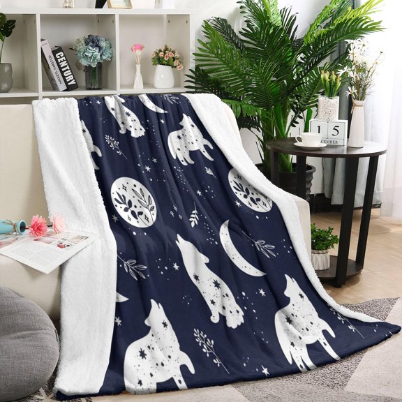 Celestial Wolf Halloween Pattern Blanket,Comfortable Soft Lamb Wool Throw Blanket,All Season,Warm Lightweight Blankets for Sofa Bed Couch Living Room Chair,60"x80"