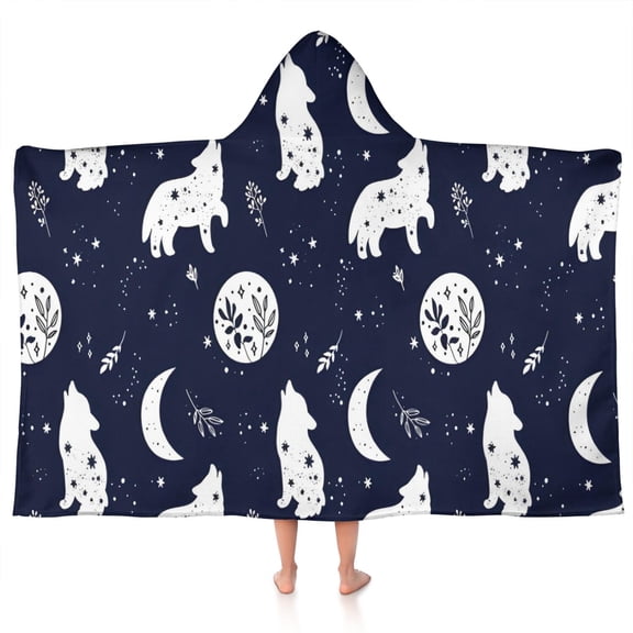 Celestial Wolf Halloween Pattern Hooded Bath Towel，50"x30" for Ages 3 To 12 Kids, Quick Dry Lightweight Soft Microfiber Hood Beach Towel Cover Up for Kids