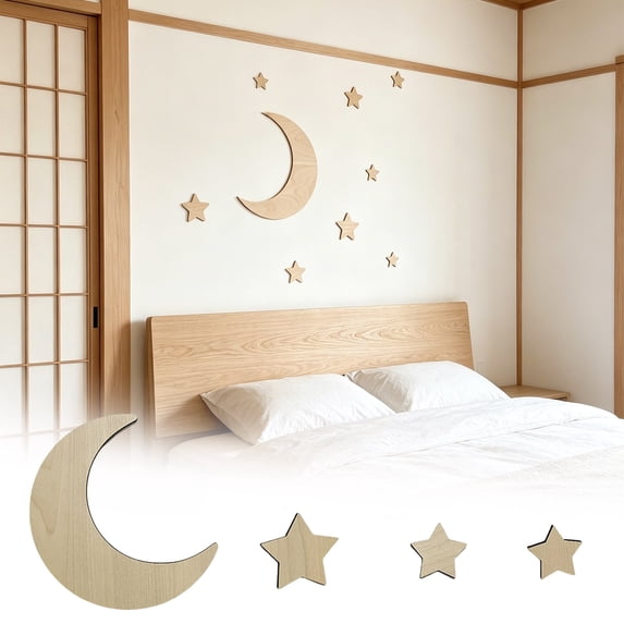 Celestial Wooden Wall Decor Set, Natural Unfinished Wood Moon and Star Cutouts with Smooth Edges, Paintable Wall Pieces for Bedroom, Reading Corner, Photo Backdrop and Party Display, Style A, 1 Set
