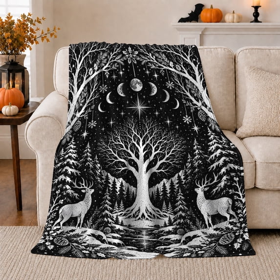 Celestial Woodland Deer Snowy Forest, Peaceful Woodland Scene, Warm Flannel Blanket for Cabin and Lodge with Detailed Artwork, Wildlife Lovers Housewarming Gift, Fantasy Home Decor